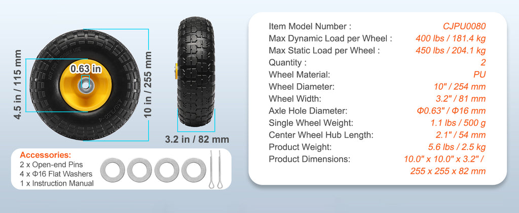 SucceBuy 2-Pack Solid PU Run-Flat Tire Wheel 10" Flat Free Tubeless Tires and Wheels for Dollies Garden Trailers Various Carts