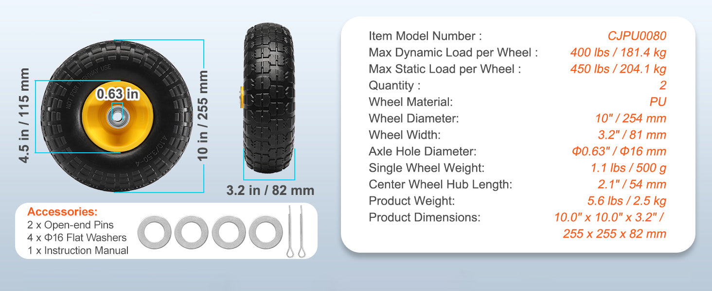 SucceBuy 2-Pack Solid PU Run-Flat Tire Wheel 10" Flat Free Tubeless Tires and Wheels for Dollies Garden Trailers Various Carts