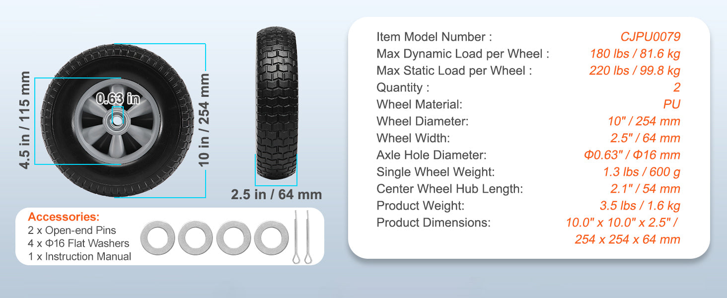 SucceBuy 2-Pack Solid PU Run-Flat Tire Wheel 10" Flat Free Tubeless Tires and Wheels for Dollies Garden Trailers Various Carts