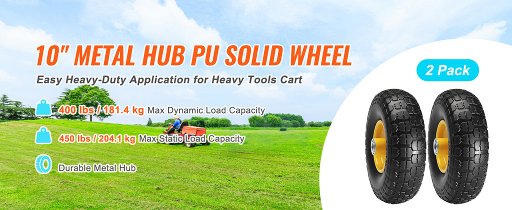 SucceBuy 2-Pack Solid PU Run-Flat Tire Wheel 10" Flat Free Tubeless Tires and Wheels for Dollies Garden Trailers Various Carts