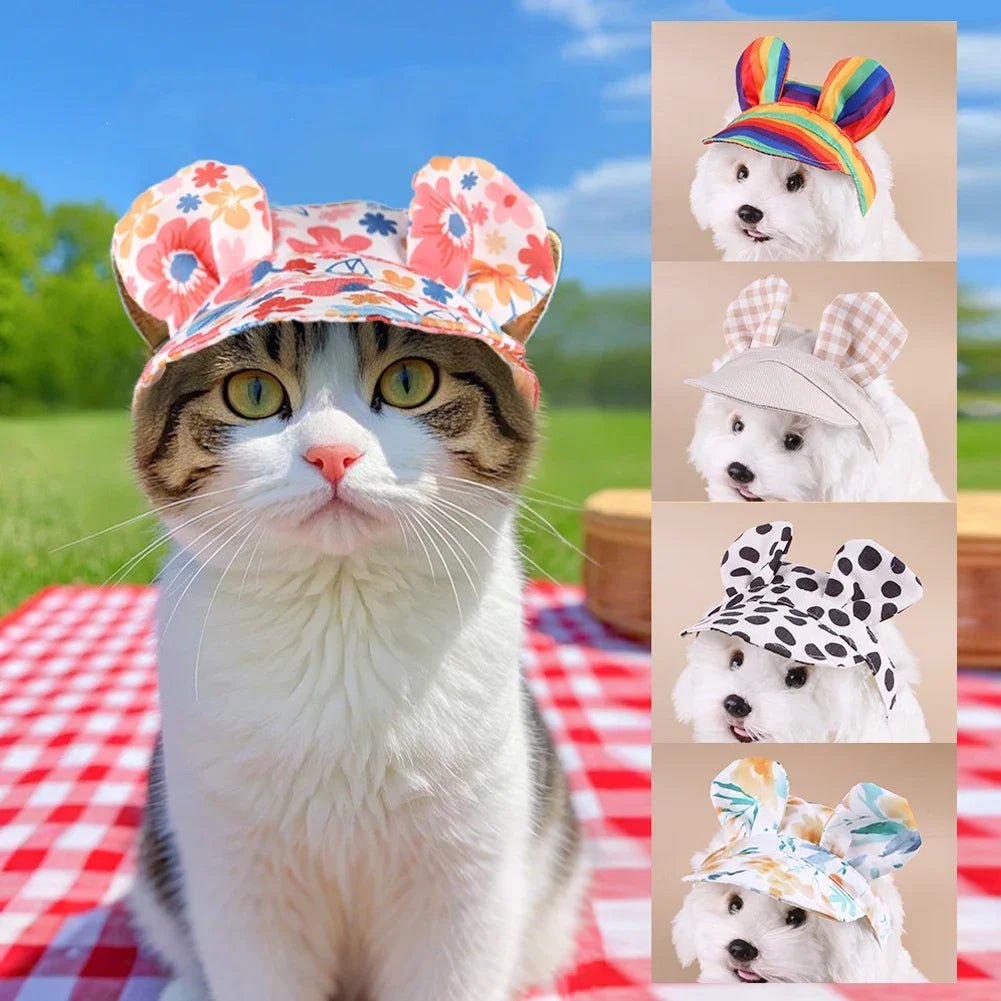 Spring and Autum Cute Cat and Dog Hat Pet Outdoor Sunscreen Breathable Dog Fisherman Hat Cat Leaky Ear Sunshade Floral Hat - Beauty