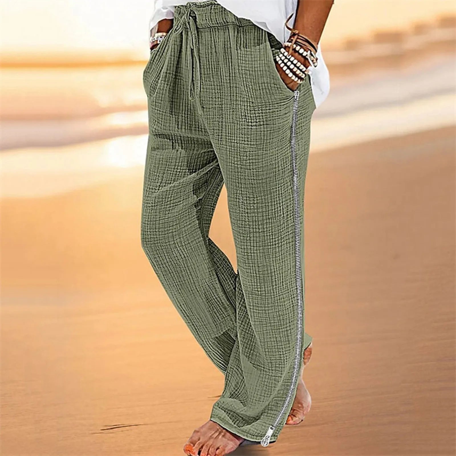 Spring Autumn Men’S Solid Casual Pocket Side Zipper Wide Leg Pants Elastic Waist Belt Loose Pants Sport Wide Leg Trousers - Beauty