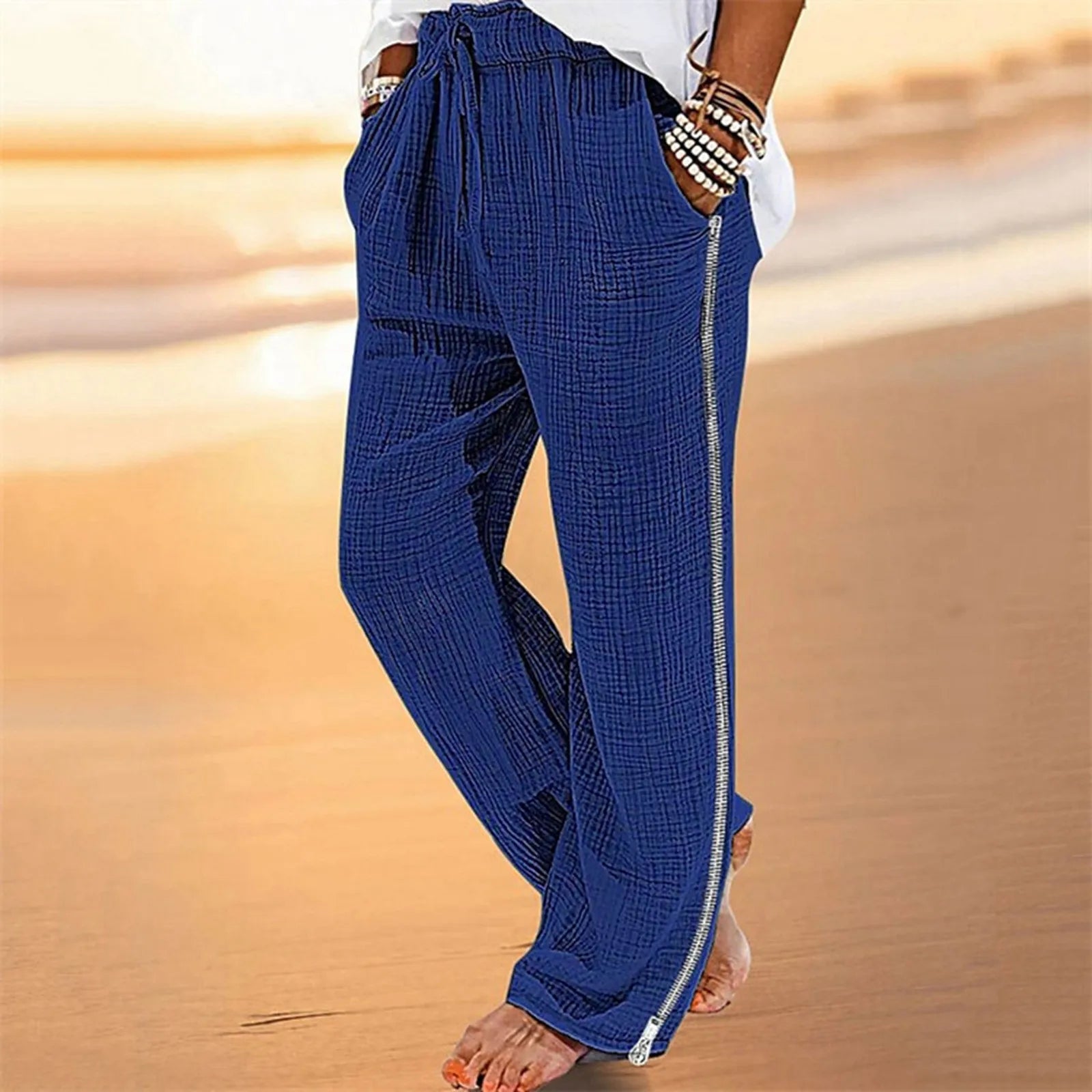 Spring Autumn Men’S Solid Casual Pocket Side Zipper Wide Leg Pants Elastic Waist Belt Loose Pants Sport Wide Leg Trousers - Beauty