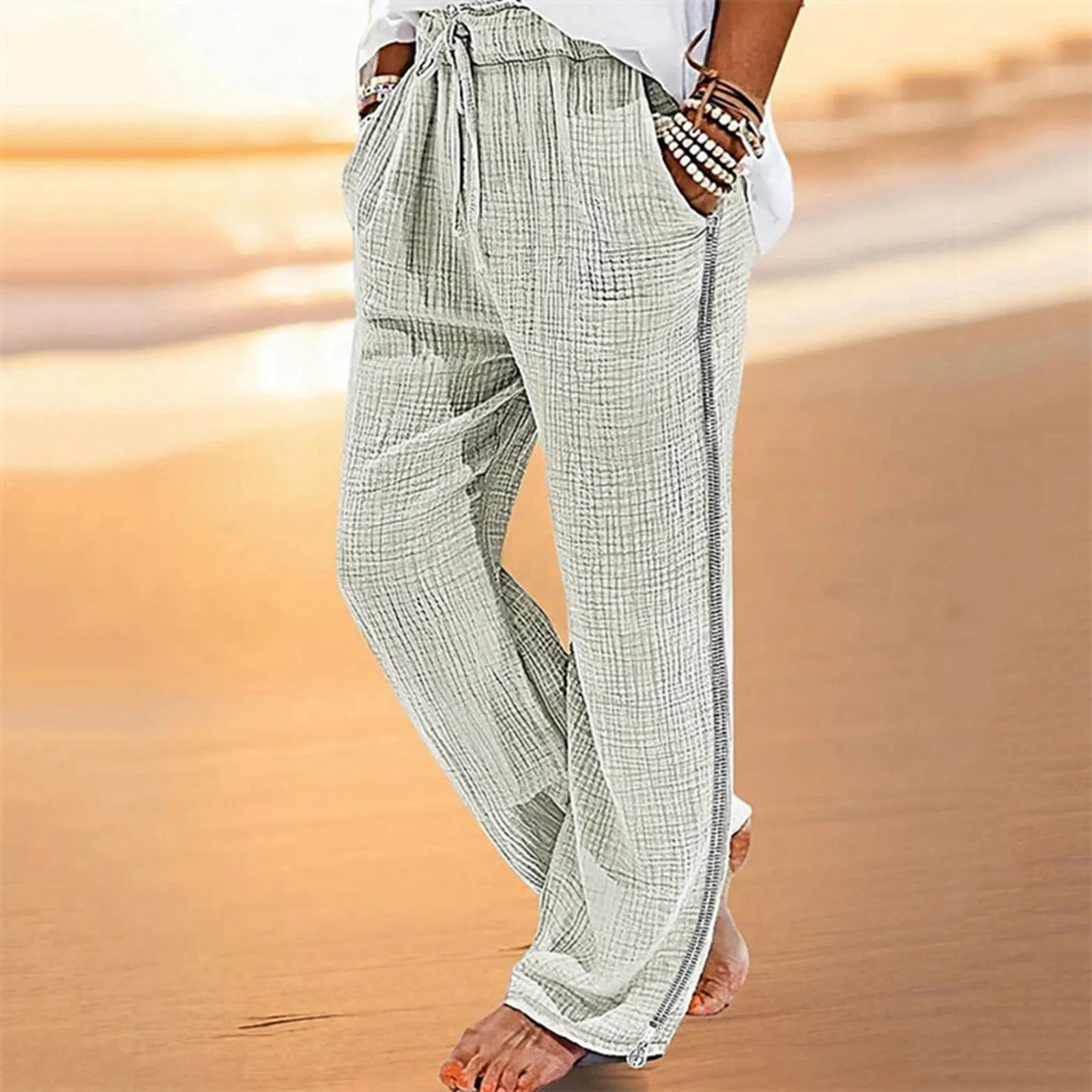 Spring Autumn Men’S Solid Casual Pocket Side Zipper Wide Leg Pants Elastic Waist Belt Loose Pants Sport Wide Leg Trousers - Beauty