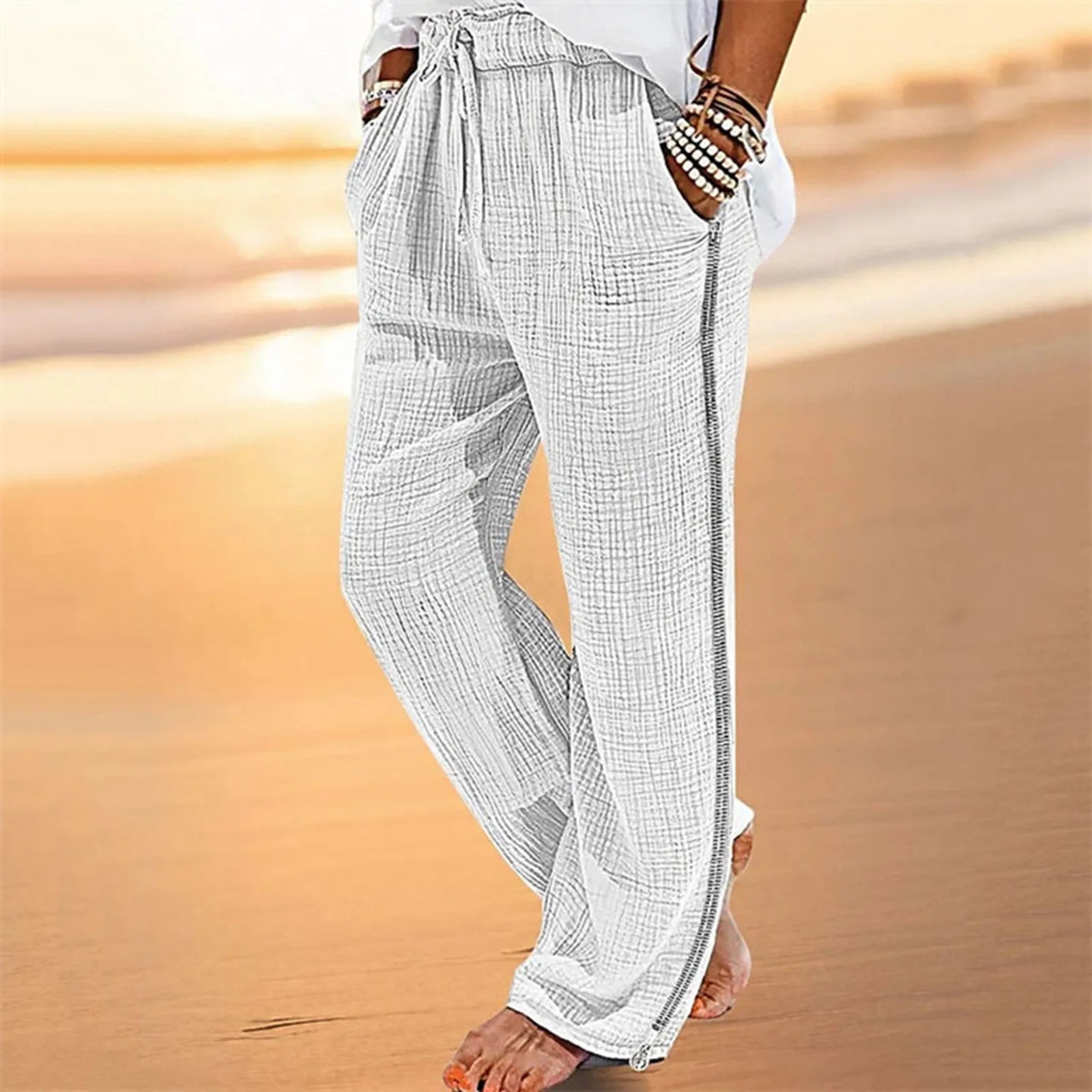 Spring Autumn Men’S Solid Casual Pocket Side Zipper Wide Leg Pants Elastic Waist Belt Loose Pants Sport Wide Leg Trousers - Beauty