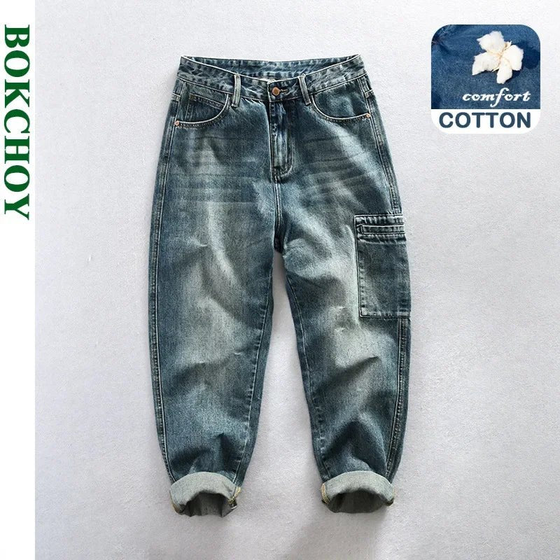 Spring Autumn New Cotton Retro Washed Jeans Men Clothing Casual Loose Straight Men Trousers AG7180 - Beauty