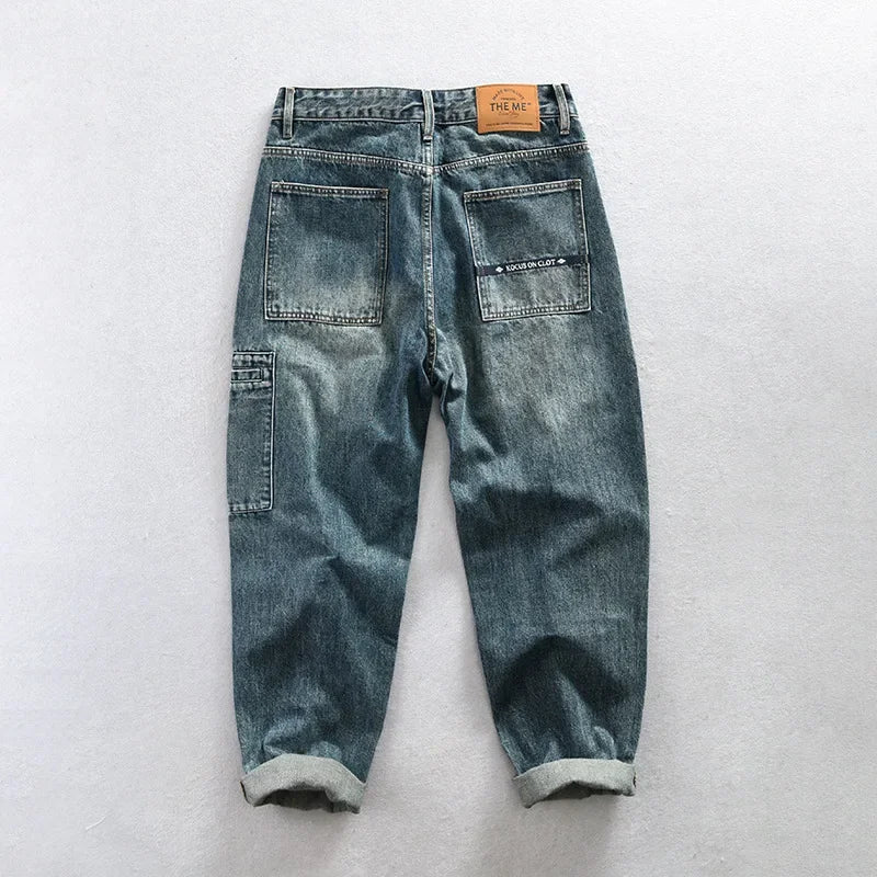 Spring Autumn New Cotton Retro Washed Jeans Men Clothing Casual Loose Straight Men Trousers AG7180 - Beauty