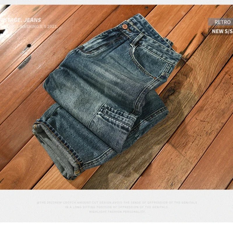 Spring Autumn New Cotton Retro Washed Jeans Men Clothing Casual Loose Straight Men Trousers AG7180 - Beauty