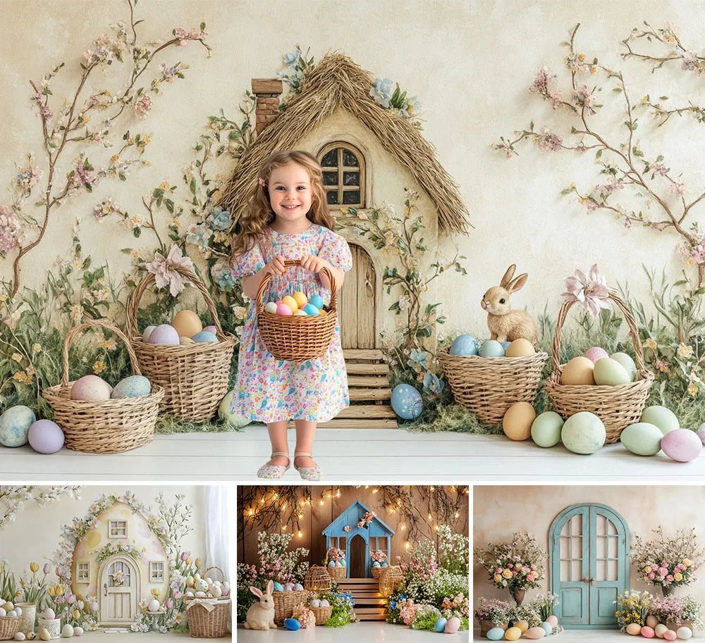 Spring Easter Background Photography Cute Rabbit Carrot Bunny Egg House Backdrop Decor for Kids Birthday Cake Smash Photo Studio - Beauty