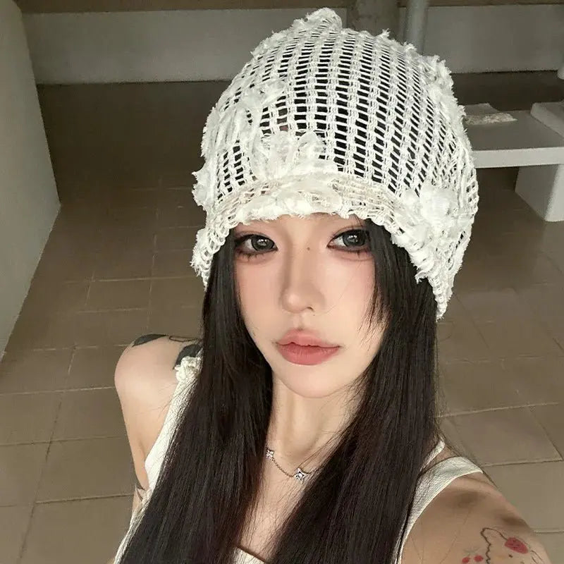 Spring Summer New Korean Crochet Pullover Hats Women Outdoor Travel Fashionable Versatile Sweet Hollow Breathable Beanies Cap - Beauty