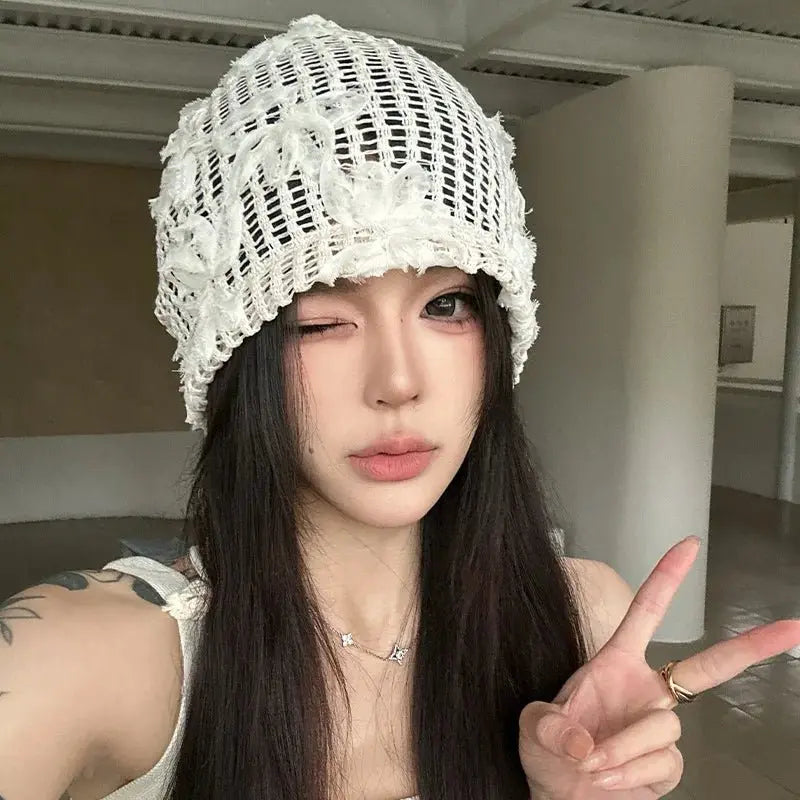 Spring Summer New Korean Crochet Pullover Hats Women Outdoor Travel Fashionable Versatile Sweet Hollow Breathable Beanies Cap - Beauty