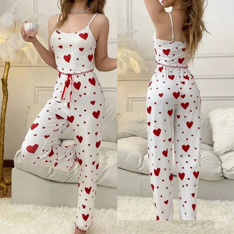 Spring Summer Pajamas Set for Women Sleepwear Heart Print Sleeveless Cami Vest with Long Trouser Set Pyjamas Loungewear - Beauty