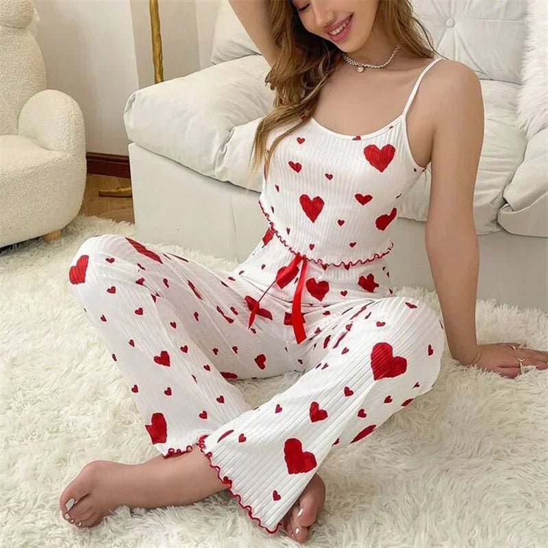 Spring Summer Pajamas Set for Women Sleepwear Heart Print Sleeveless Cami Vest with Long Trouser Set Pyjamas Loungewear - Beauty