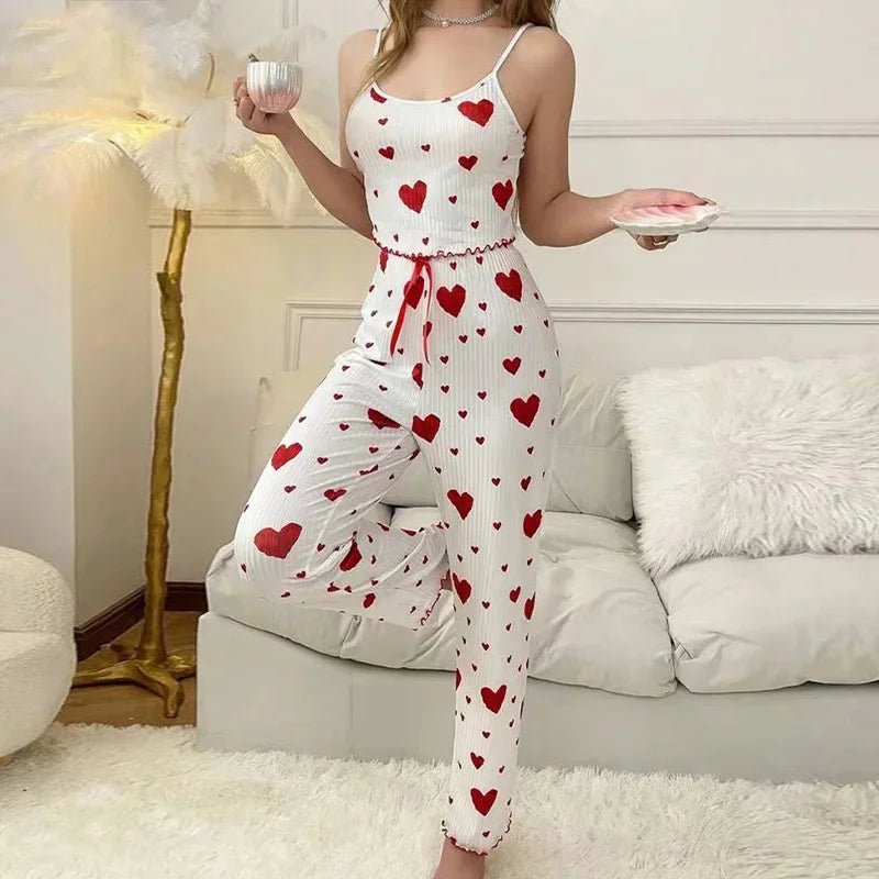 Spring Summer Pajamas Set for Women Sleepwear Heart Print Sleeveless Cami Vest with Long Trouser Set Pyjamas Loungewear - Beauty