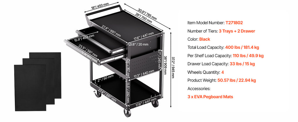 SucceBuy 5-Tier Tool Chest 2-Drawer Rolling Tool Work Cart with Locking & Pegboard Tools Storage Organizer for Garage Warehouse