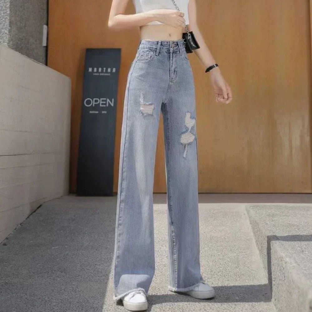 Torn Trousers with Pockets Women's Jeans Holes Blue High Waist Shot Female Denim Pants Ripped Vibrant R Wholesale Baggy Basics Z - Beauty