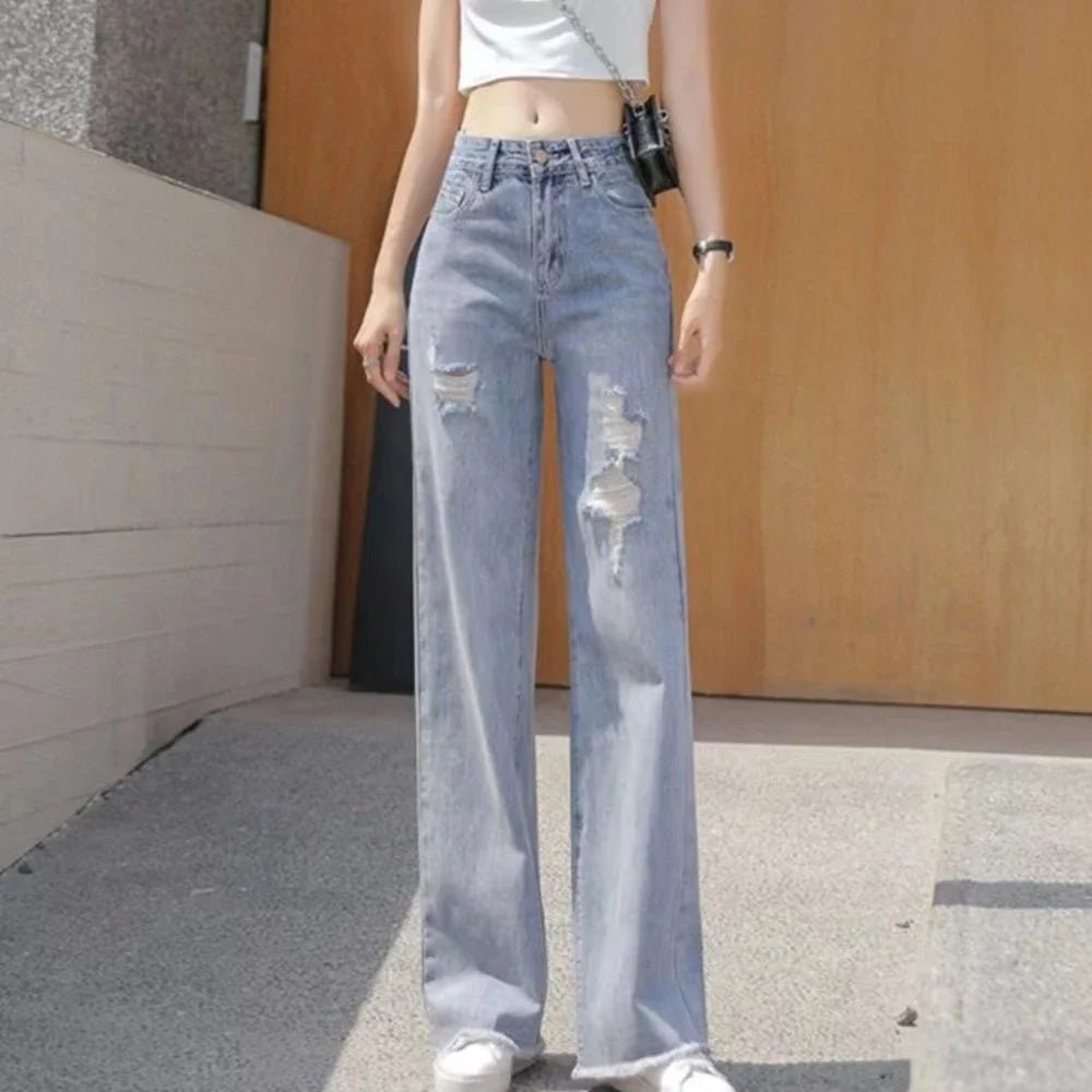 Torn Trousers with Pockets Women's Jeans Holes Blue High Waist Shot Female Denim Pants Ripped Vibrant R Wholesale Baggy Basics Z - Beauty