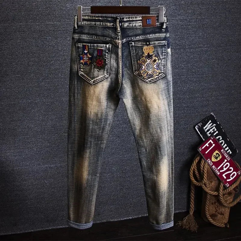 Trousers Torn Men's Jeans Embroidery Man Cowboy Pants with Holes Graphic Broken Ripped Cropped Retro Luxury Plus Size Cheap Goth - Beauty