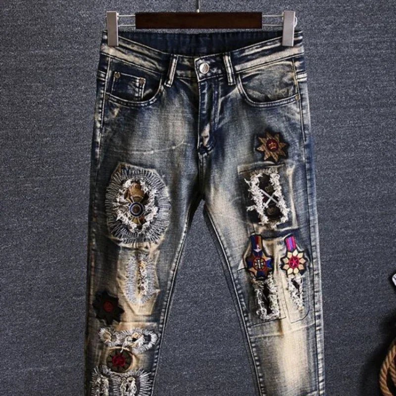 Trousers Torn Men's Jeans Embroidery Man Cowboy Pants with Holes Graphic Broken Ripped Cropped Retro Luxury Plus Size Cheap Goth - Beauty