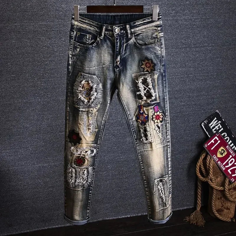 Trousers Torn Men's Jeans Embroidery Man Cowboy Pants with Holes Graphic Broken Ripped Cropped Retro Luxury Plus Size Cheap Goth - Beauty