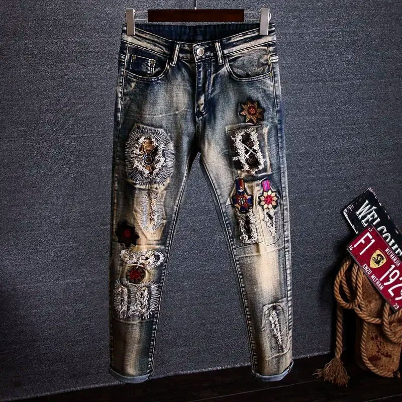 Trousers Torn Men's Jeans Embroidery Man Cowboy Pants with Holes Graphic Broken Ripped Cropped Retro Luxury Plus Size Cheap Goth - Beauty
