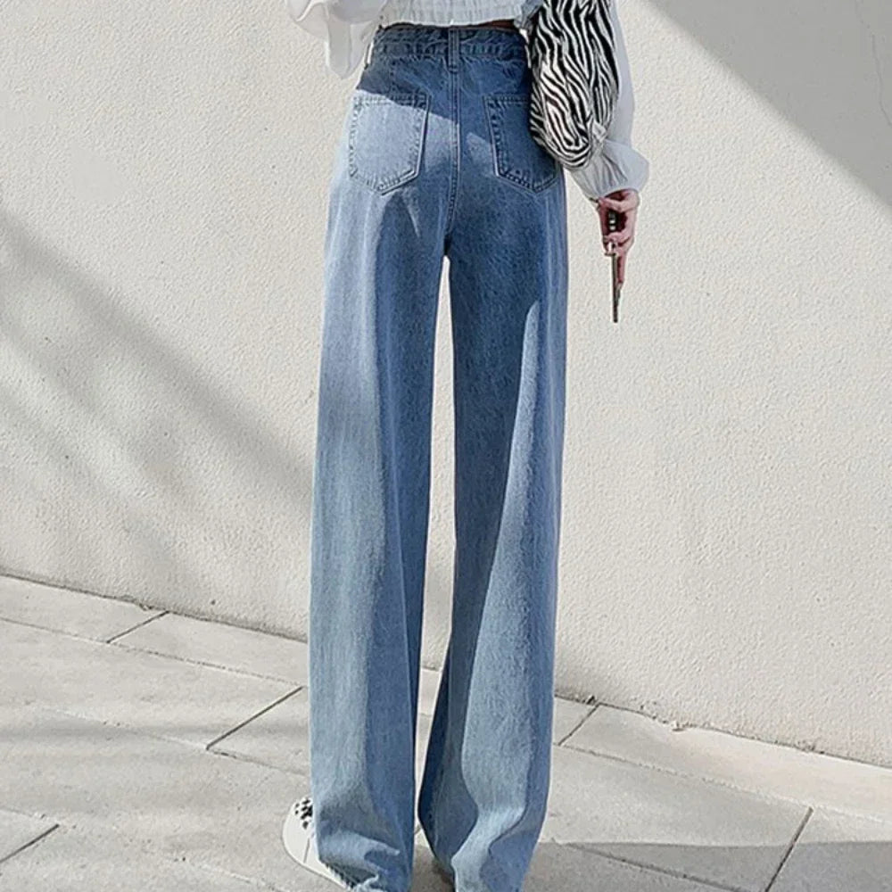 Trousers with Pockets Pants for Woman Blue Straight Leg Women's Jeans High Waist Shot Shiny Streetwear Loosefit Fitted A R 90s Z - Beauty
