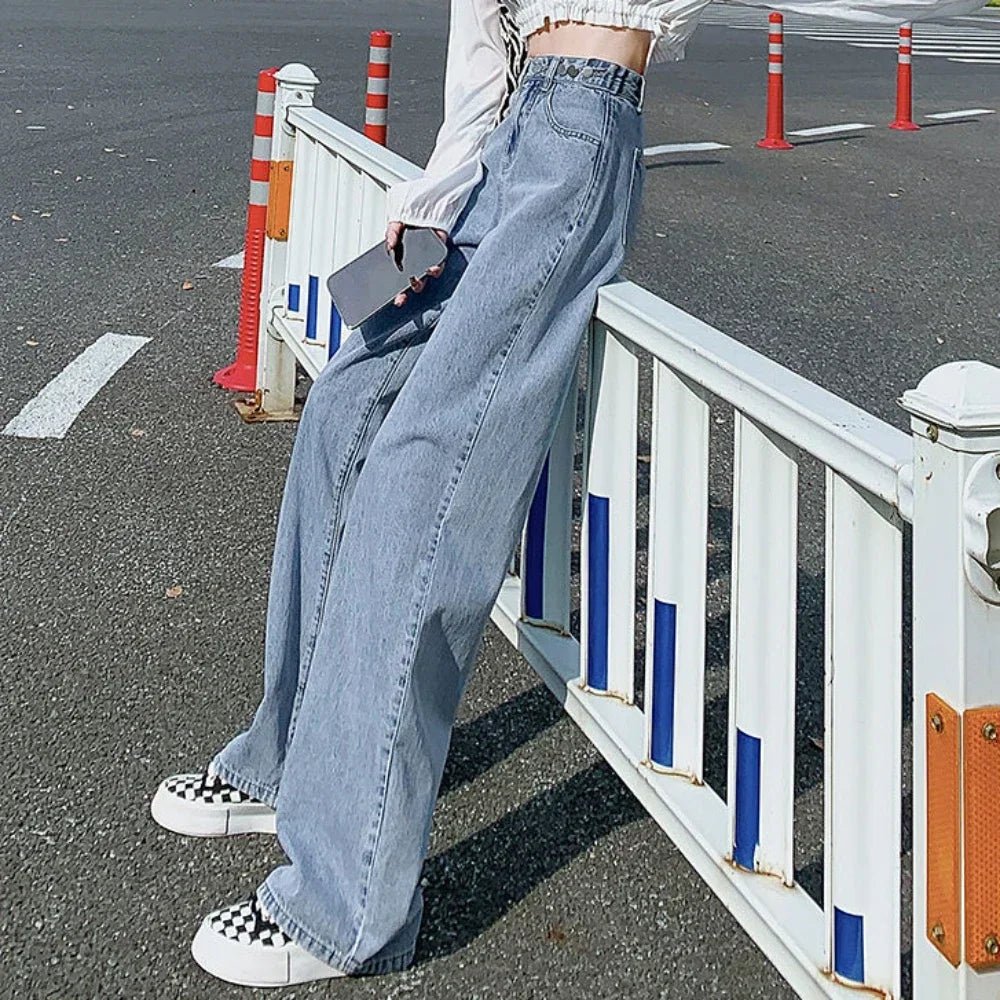 Trousers with Pockets Pants for Woman Blue Straight Leg Women's Jeans High Waist Shot Shiny Streetwear Loosefit Fitted A R 90s Z - Beauty