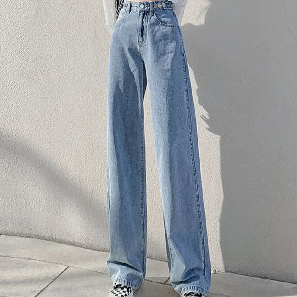Trousers with Pockets Pants for Woman Blue Straight Leg Women's Jeans High Waist Shot Shiny Streetwear Loosefit Fitted A R 90s Z - Beauty