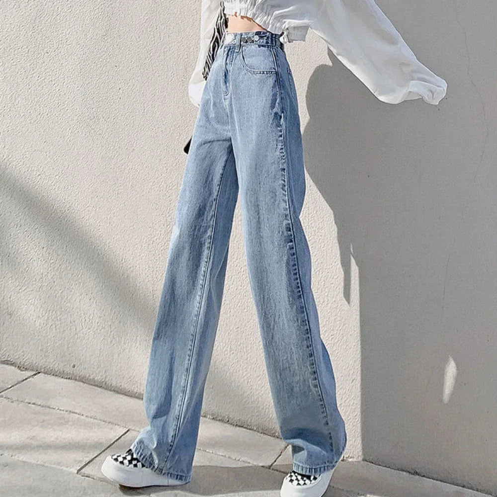 Trousers with Pockets Pants for Woman Blue Straight Leg Women's Jeans High Waist Shot Shiny Streetwear Loosefit Fitted A R 90s Z - Beauty