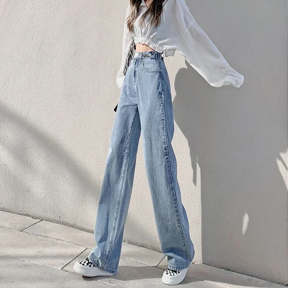 Trousers with Pockets Pants for Woman Blue Straight Leg Women's Jeans High Waist Shot Shiny Streetwear Loosefit Fitted A R 90s Z - Beauty