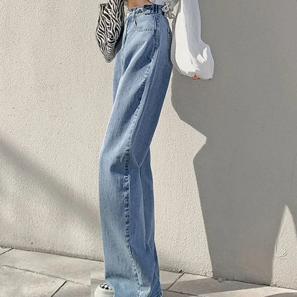 Trousers with Pockets Pants for Woman Blue Straight Leg Women's Jeans High Waist Shot Shiny Streetwear Loosefit Fitted A R 90s Z - Beauty