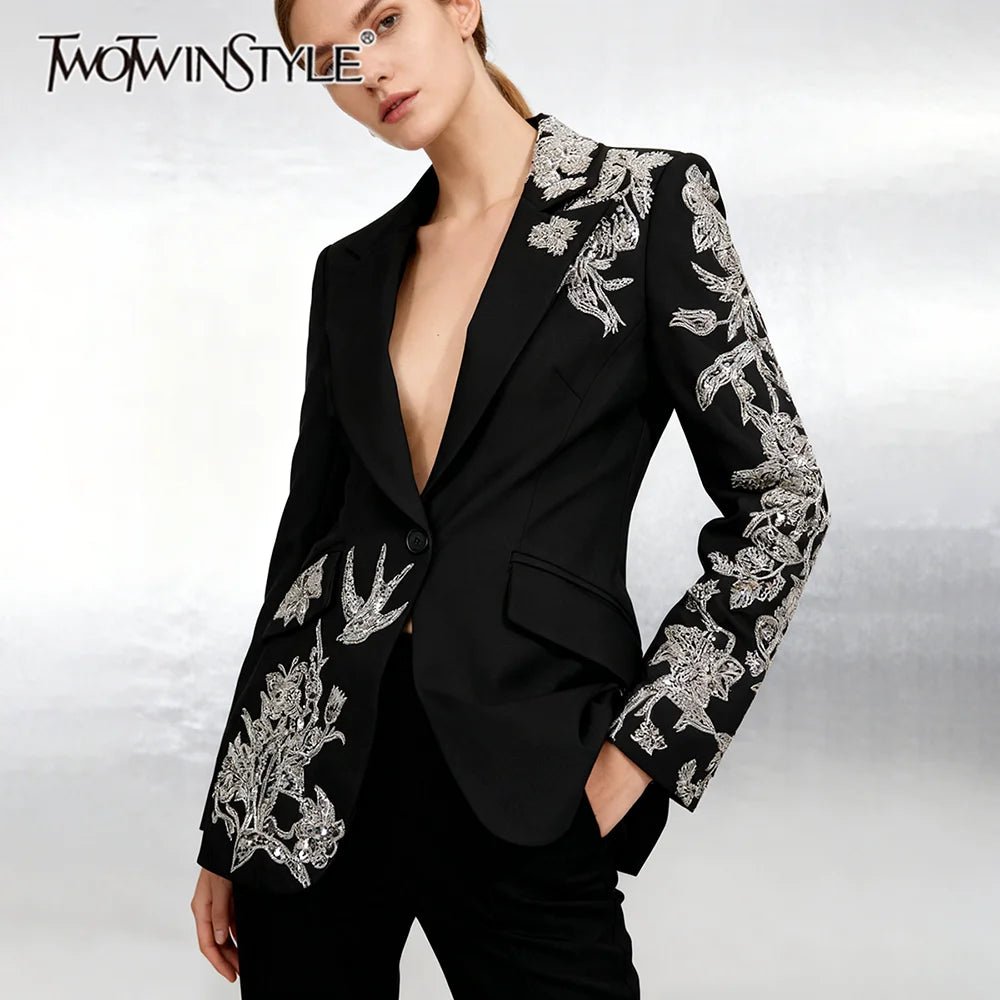 TWOTWINSTYLE Fashion Spliced Beading Temperament Blazers for Women Lapel Long Sleeves Tunic Elegant Blazer Female Clothing New - Beauty
