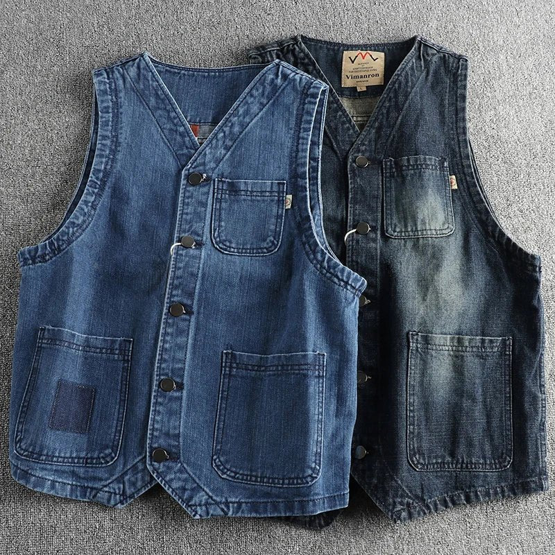 Vintage blue water wash to make old trend men's denim vest autumn and winter casual cotton sleeveless vest coat - Beauty