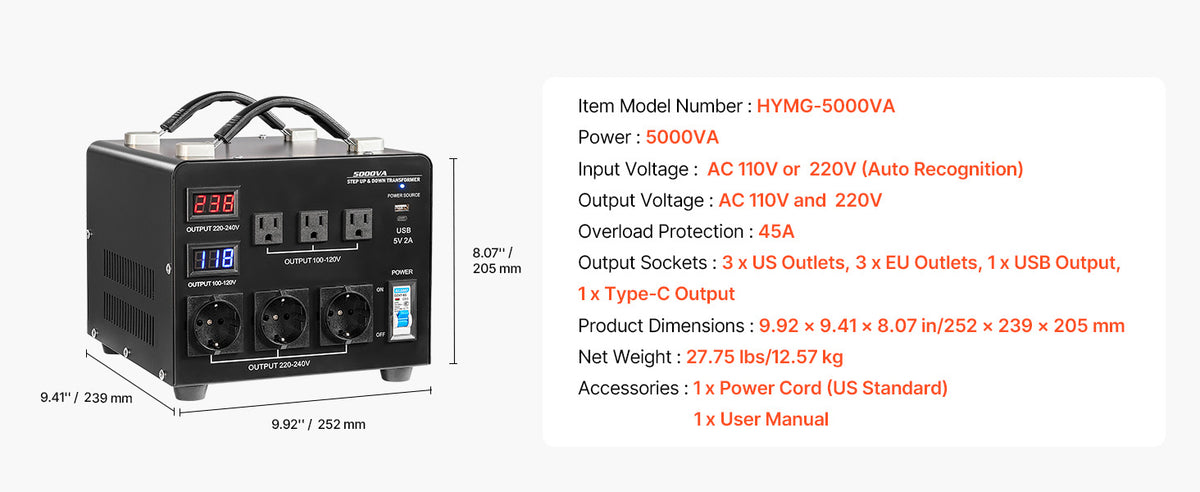 SucceBuy Voltage Converter Transformer 500/1000/1500/3000/5000/6000VA Step Up/Down Power Transformer with US Outlet EU Outlet