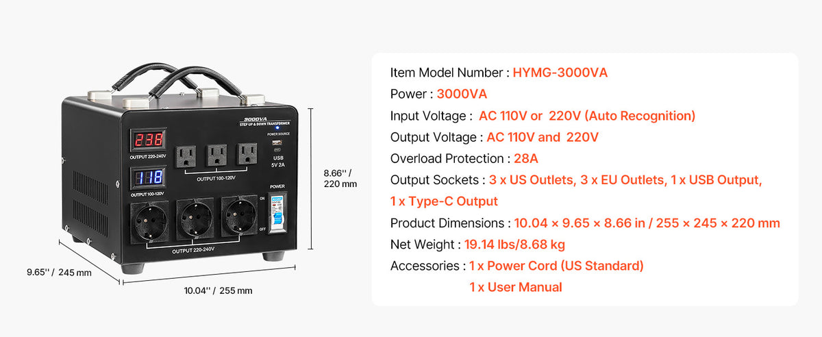 SucceBuy Voltage Converter Transformer 500/1000/1500/3000/5000/6000VA Step Up/Down Power Transformer with US Outlet EU Outlet