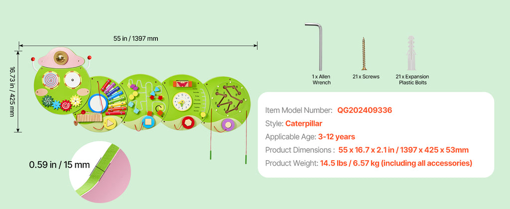 SucceBuy Caterpillar Children Wall Busy Board 12 Activities Montessori Sensory Learning Center for Kids 3-12 Years Playroom Toys