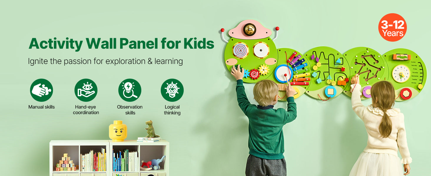 SucceBuy Caterpillar Children Wall Busy Board 12 Activities Montessori Sensory Learning Center for Kids 3-12 Years Playroom Toys
