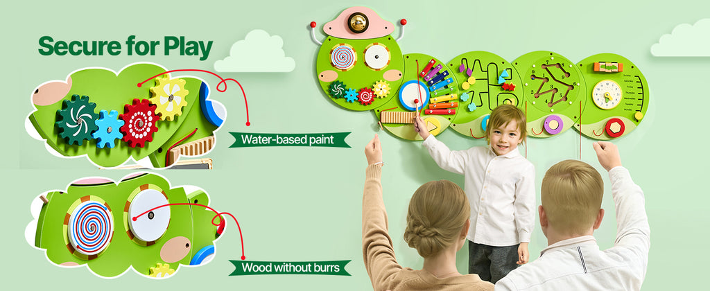 SucceBuy Caterpillar Children Wall Busy Board 12 Activities Montessori Sensory Learning Center for Kids 3-12 Years Playroom Toys