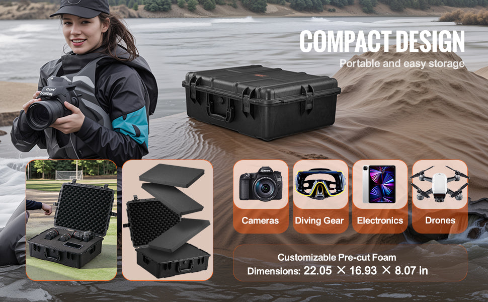 SucceBuy IP67 Weatherproof Hard Case Heavy Duty Protective Case w/ Pre-cut Foam and Handles for Travel Hunting Military Cameras