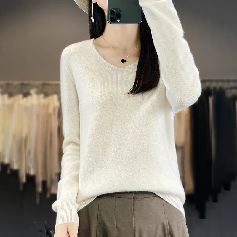 Women 100% Merino Wool Sweater V - Neck Basic Pullover Autumn Winter Cashmere Clothing Long Sleeve Soft Knitwear Tops Solid Color - Beauty