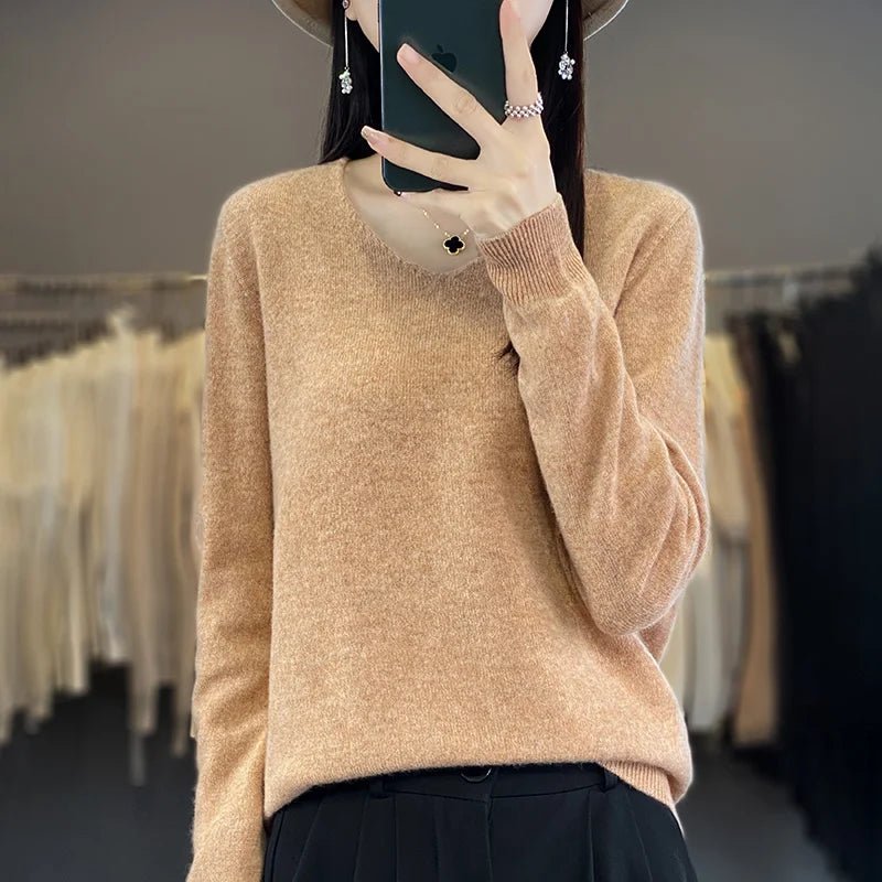 Women 100% Merino Wool Sweater V - Neck Basic Pullover Autumn Winter Cashmere Clothing Long Sleeve Soft Knitwear Tops Solid Color - Beauty