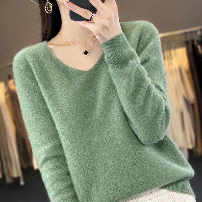 Women 100% Merino Wool Sweater V - Neck Basic Pullover Autumn Winter Cashmere Clothing Long Sleeve Soft Knitwear Tops Solid Color - Beauty