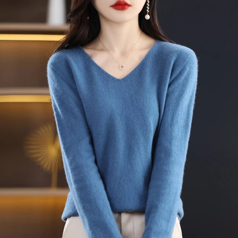 Women 100% Merino Wool Sweater V - Neck Basic Pullover Autumn Winter Cashmere Clothing Long Sleeve Soft Knitwear Tops Solid Color - Beauty