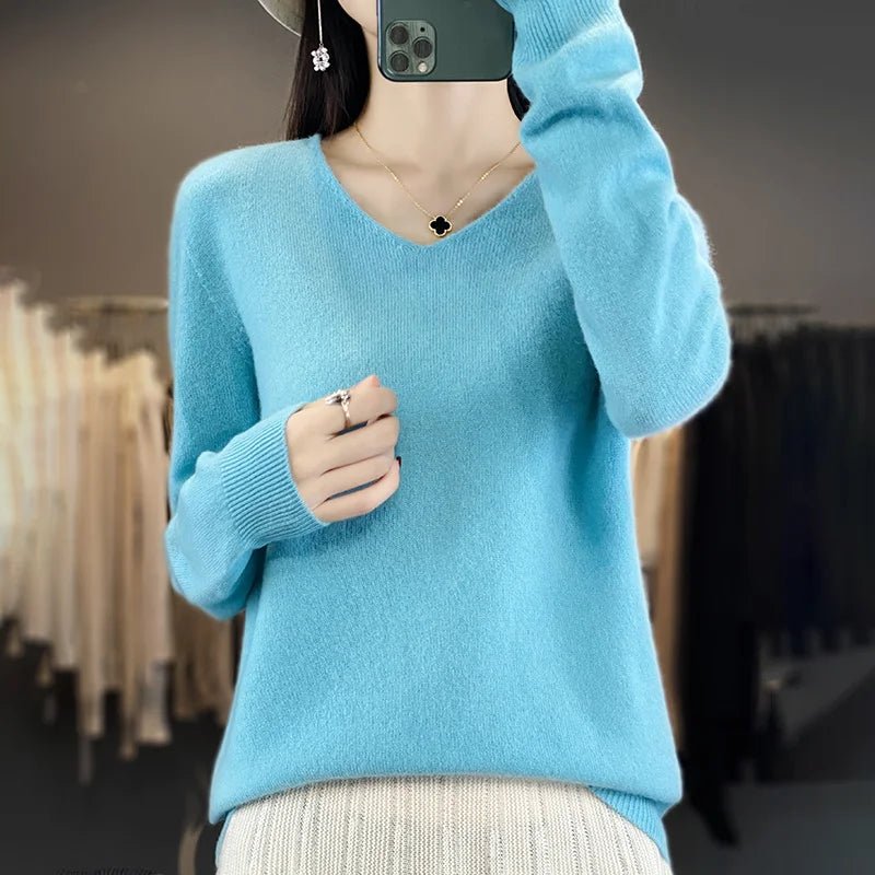 Women 100% Merino Wool Sweater V - Neck Basic Pullover Autumn Winter Cashmere Clothing Long Sleeve Soft Knitwear Tops Solid Color - Beauty