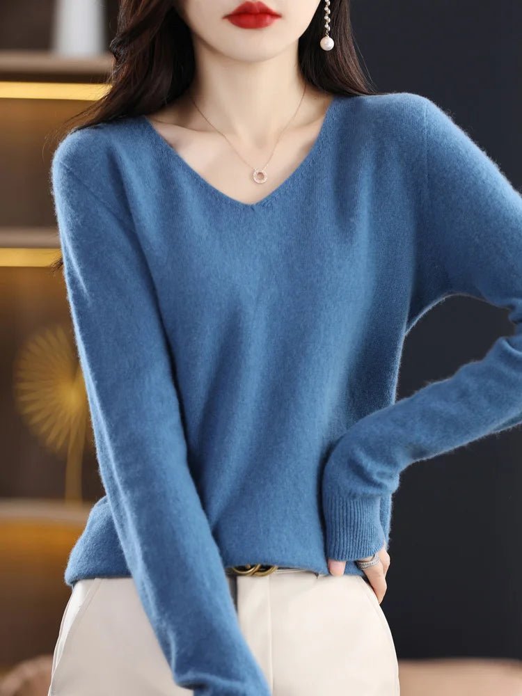 Women 100% Merino Wool Sweater V - Neck Basic Pullover Autumn Winter Cashmere Clothing Long Sleeve Soft Knitwear Tops Solid Color - Beauty