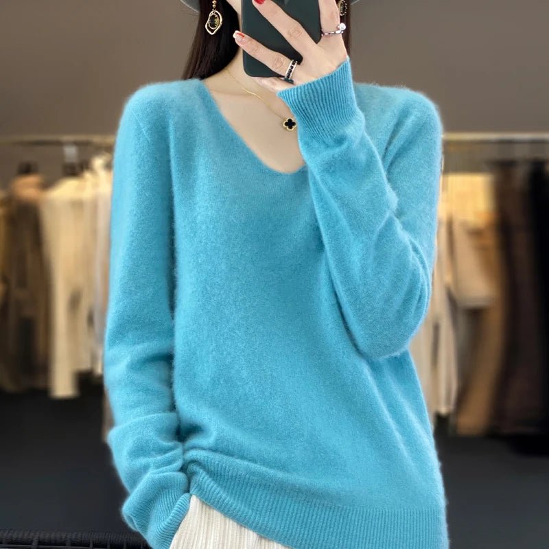 Women 100% Merino Wool Sweater V - Neck Basic Pullover Autumn Winter Cashmere Clothing Long Sleeve Soft Knitwear Tops Solid Color - Beauty