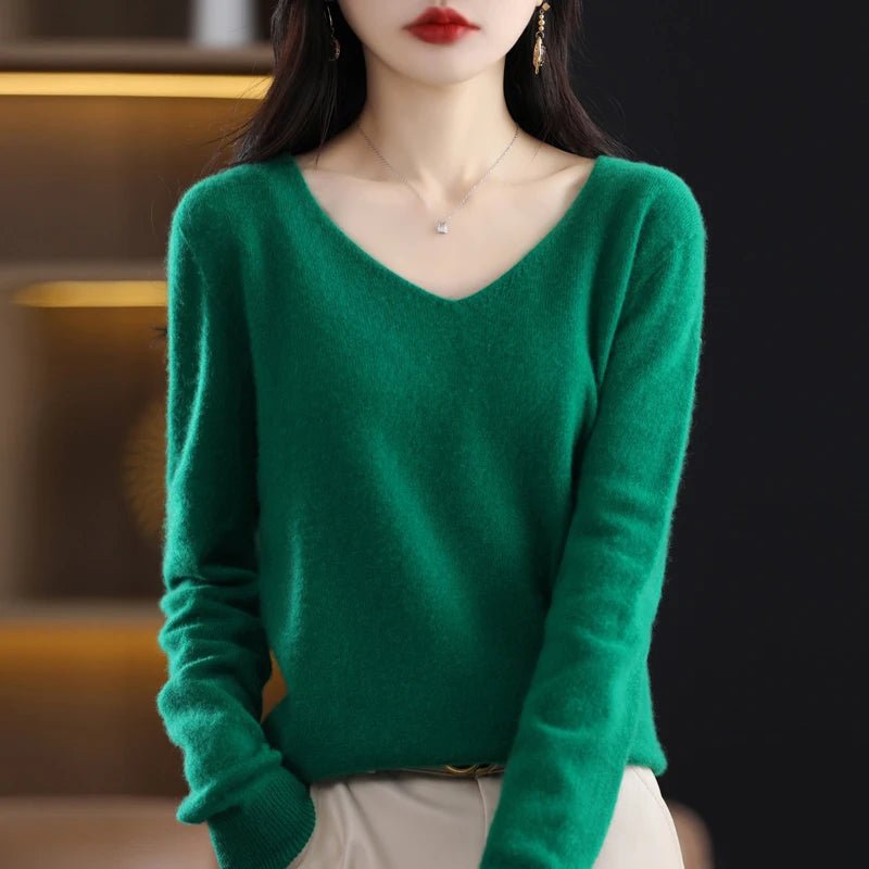 Women 100% Merino Wool Sweater V - Neck Basic Pullover Autumn Winter Cashmere Clothing Long Sleeve Soft Knitwear Tops Solid Color - Beauty