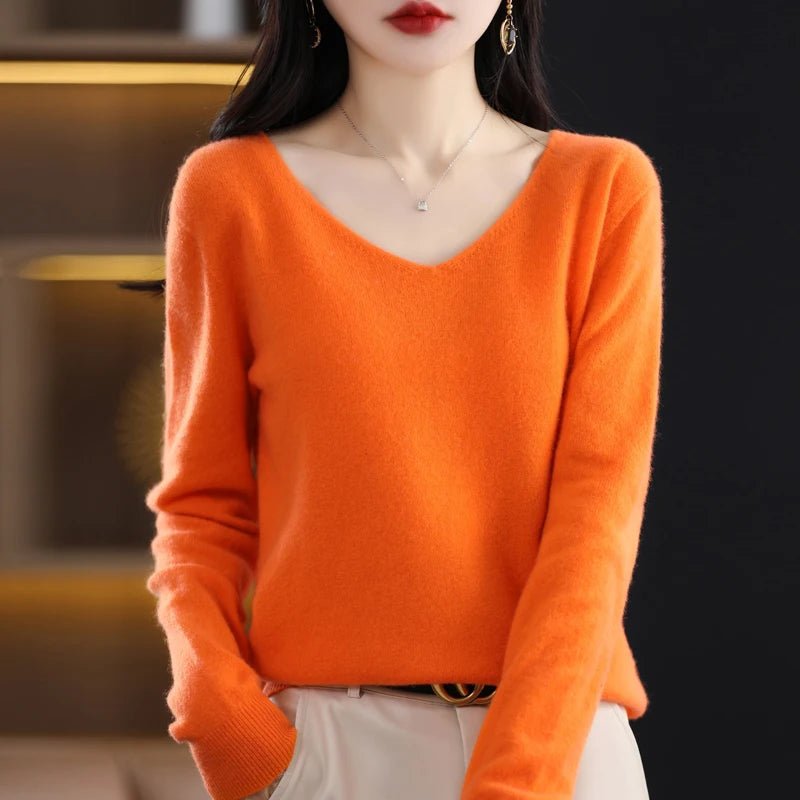 Women 100% Merino Wool Sweater V - Neck Basic Pullover Autumn Winter Cashmere Clothing Long Sleeve Soft Knitwear Tops Solid Color - Beauty