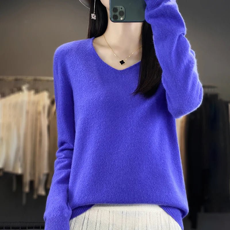 Women 100% Merino Wool Sweater V - Neck Basic Pullover Autumn Winter Cashmere Clothing Long Sleeve Soft Knitwear Tops Solid Color - Beauty