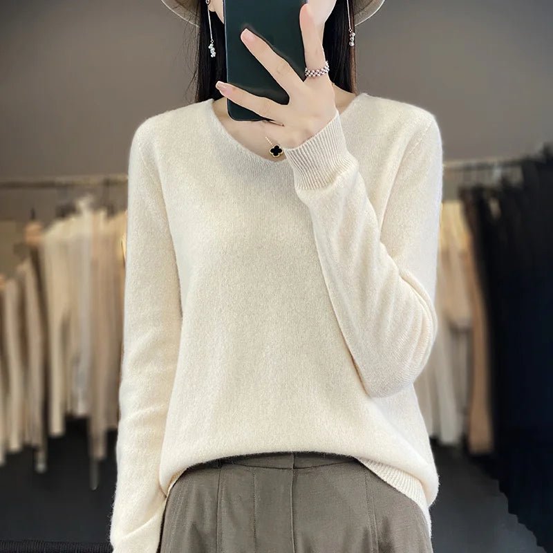 Women 100% Merino Wool Sweater V - Neck Basic Pullover Autumn Winter Cashmere Clothing Long Sleeve Soft Knitwear Tops Solid Color - Beauty